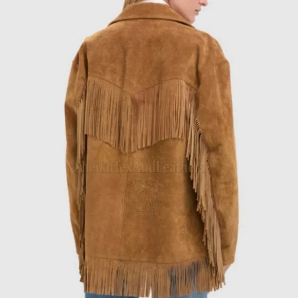 Suede Fringe Jacket - Tan Women’s Coat - Picture 2 of 4